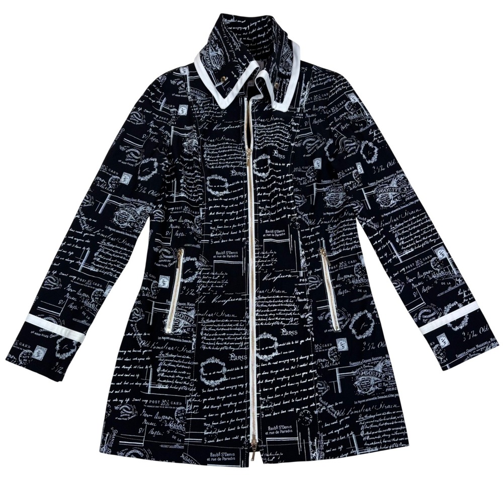 Joseph Ribkoff Jacket Womens Sz 8 Paris Script Postcard Zip Black White Designer